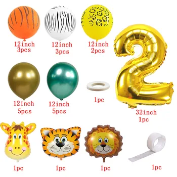 24pcs Animal de la Selva Conjunto de Globos Metálicos Globo de Látex 32pulgadas de Oro Número de Globos de Cumpleaños Decoraciones de Fiesta de los Niños de la Ducha del Bebé