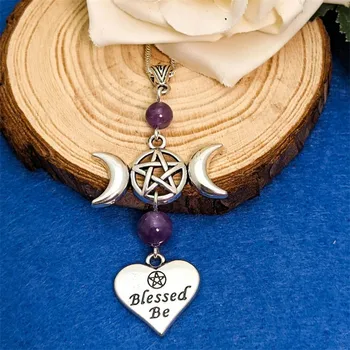 2020Fashion Wicca Triple Luna Brujería estrella de cinco puntas de color Púrpura Perlas Colgante de Collar De las Mujeres de la Joyería Regalos