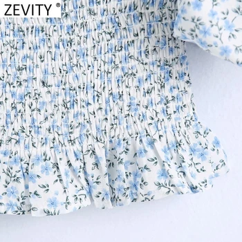 Zevity las Mujeres de la Moda de Barra en el Cuello de la Impresión Floral Delgado Corto Delantal Blusa Femenina Linterna de la Manga de la Camisa de Volantes Chic 'Crop Tops' LS9458