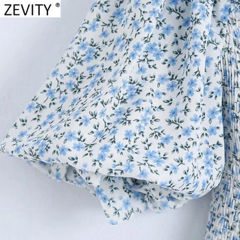 Zevity las Mujeres de la Moda de Barra en el Cuello de la Impresión Floral Delgado Corto Delantal Blusa Femenina Linterna de la Manga de la Camisa de Volantes Chic 'Crop Tops' LS9458