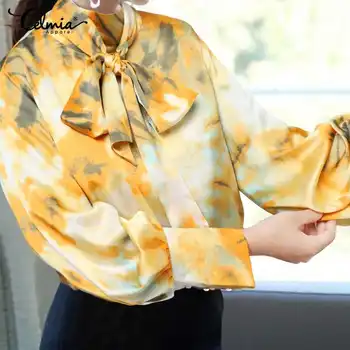 Celmia de Moda Blusa de Satén de las Mujeres Corbata de Moño Elegante Oficina de Camisetas de 2021 Otoño de Cuello Alto Linterna Manga Blusas Tie-dye de Impresión Tops