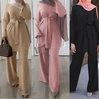 Turquía de Dos piezas, Conjuntos de Tops, Pantalones de las Mujeres de Dubai Musulmán Abaya cordones trajes Kaftan Islámica Ropa musulman conjuntos de Vestir trajes