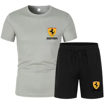 2021 Nuevo de los Hombres de manga Corta T-shirt de Coches Logo Ferrari Deportes de Verano Traje Traje de Coincidencia de Color de Moda Casual de manga Corta Traje de