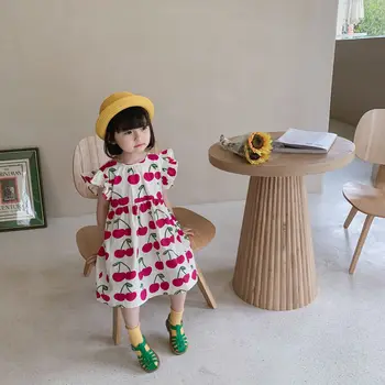 Estilo coreano de verano de las niñas de bebé alegre impresión de vuelo de manga vestidos de 2021 niños suelto casual delgado vestido de princesa