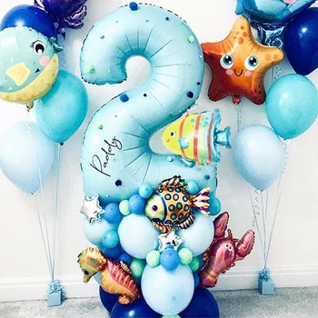 44pcs Bajo el Mar Océano Mundial de los Animales Globos Azul número globo Mar de temas por Parte de los Niños felices en la Fiesta de Cumpleaños Decoración de Baby Shower