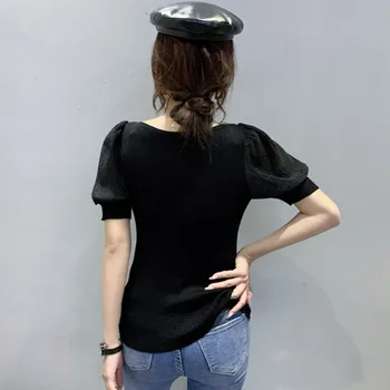 Verano coreano Ropa de Punto T-Shirt Sexy Jersey de Brillantes Diamantes de las Mujeres Tops de Retazos de Gasa de Hojaldre, las Camisetas de Manga 2021 T14027A