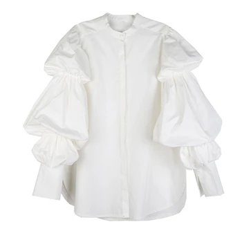 TWOTWINSTYLE Vintage Suelto Blusas de las Mujeres O de Cuello Puff Manga Larga con Pliegues Otoño Camisetas Para Mujer Ropa de Moda 2020 Marea