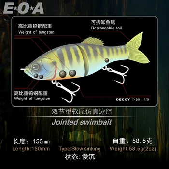 2021 Nueva EOA Iwaro150 2oz(58.5 g) de Hundimiento Lento Articulado Swimbait 2pc. Reemplazable Suave Durable De La Cola. Diseñado por Gong Lei