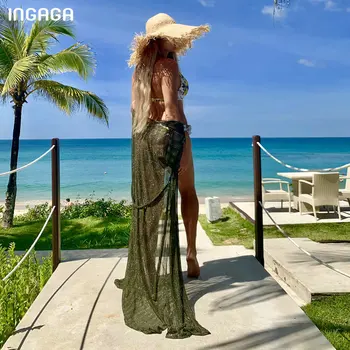 INGAGA 2021 Pareo de Playa Túnica Bikini de encubrimiento Largo Vestido de Playa, trajes de baño de la Mitad de manga Traje de baño Sexy Trajes de Baño de las Mujeres