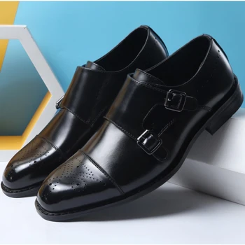 DESAI 2021 Nuevos Hombres de Negocios Zapatos de Vestir de Cuero Genuino Formal Habitual de los Zapatos de los Hombres de Estilo Británico Monje Zapatos de Doble Hebilla de Oxford,