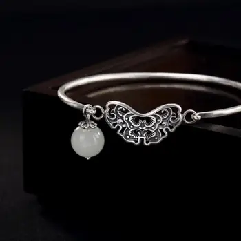 Original diseño natural de jade hetian visita de mariposa de la talla de manualidades pulsera de China retro luz de lujo encanto de las mujeres de la marca de joyería de plata