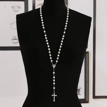 2020 Nueva Moda De La Mano De La Ronda De Perlas De Vidrio Católica De Rosario De La Calidad Transversal Del Cordón Del Collar De Perlas De La Cruz Religiosa Collar De Colgantes