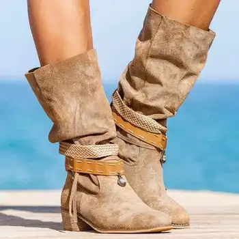 2021 nuevo de las mujeres botas cortas de comercio exterior, más el tamaño de los zapatos de mujer, punta del tubo, de bajo tacón grueso de color caqui de manga de ocio de invierno de las mujeres