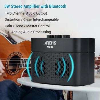 AROMA AG-05 Bluetooth Guitarra Eléctrica Amplificador Amplificador de 5W de Salida Estéreo de la Distorsión de la Ganancia de Control de Tono de 3,5 mm de Monitoreo