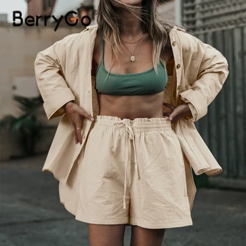 BerryGo señora de la Oficina sólido corto conjuntos de primavera verano de Dos piezas de manga larga traje de algodón set de damas Casual elástico en la cintura femenina