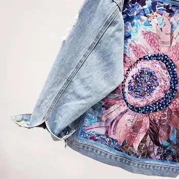 3D Oversize de las Mujeres del Dril de algodón Chaqueta de Abrigo de Diamantes Agujero BF Jeans Sueltos Outwear Primavera Otoño Solapa Botón Adolescentes Flor Streetwear