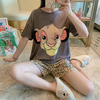 Disney Mickey Puntada Animal Print Pijamas, pantalones Cortos de las Mujeres Ropa de Verano Lindo de dibujos animados ropa de dormir a Casa de los Trajes de Loungewear camisetas