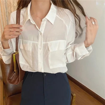 Nueva 2021 Primavera Verano Blusas de las Mujeres Soild Elegante Vintage Señora de la Oficina Oversize de Moda Bolsillos Salvaje Camisetas Tops BL9098