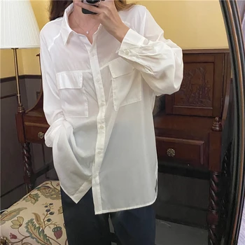 Nueva 2021 Primavera Verano Blusas de las Mujeres Soild Elegante Vintage Señora de la Oficina Oversize de Moda Bolsillos Salvaje Camisetas Tops BL9098