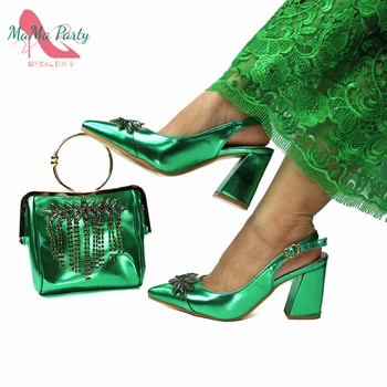 Zapatillas Decorar con Rhinestone Sandalias en Color Verde Para la Boda de la Alta Calidad de las Mujeres italianas Zapatos y Bolsa