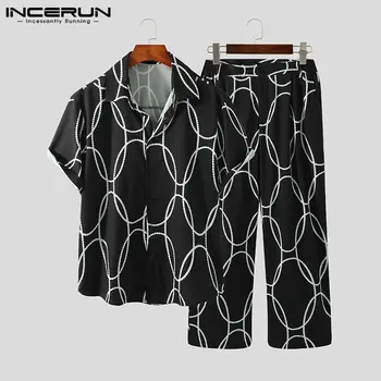 Los hombres Conjuntos de Impresión 2021 Streetwear Solapa de la Camisa de Manga Corta Pantalones Largos de Verano Suelto de la Moda coreana de los Hombres Casual Trajes de S-5XL INCERUN