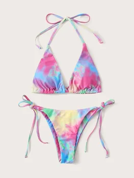 2020 Tie Dye Bikini Mujeres Arco Iris Traje De Baño De Encajes Vendaje De Dos Piezas Traje De Baño Tanga Bikini Set De Trajes De Baño De Biquini Feminino