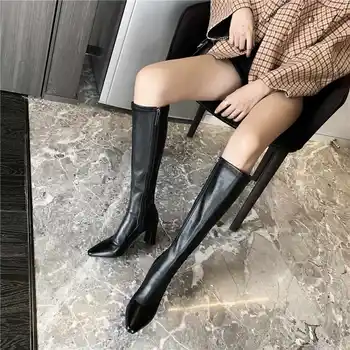 Krazing Bote estrellas de Internet sólido de la moda cuadrado pequeño dedo del pie de cuero de vaca tramo botas de tacones de invierno de las mujeres de alta del muslo botas L06