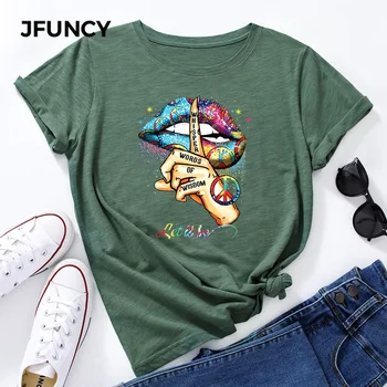 JFUNCY Plus Tamaño Mujeres Camiseta Algodón de Manga Corta T-shirt Creativa Impresión Gráfica Camisetas Mujer Camiseta Mujer Tops