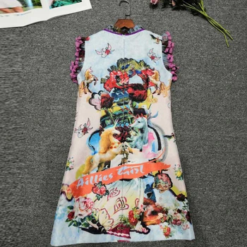 VERDEJULIAY Diseñador de Moda de las Mujeres Vestido de Verano de Alta Calidad Nueva Mariposa con Volantes Arco de Perlas de Impresión de dibujos animados Mini Vestido de Fiesta