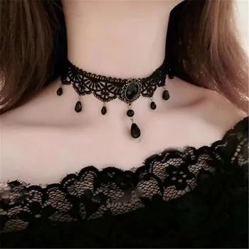 Nuevos Collares Sexy Gótico Gargantillas de Cristal Negro de Encaje de Cuello Gargantilla Collar Retro de las Mujeres Punk de Halloween de la Joyería del Collar del Collar de la