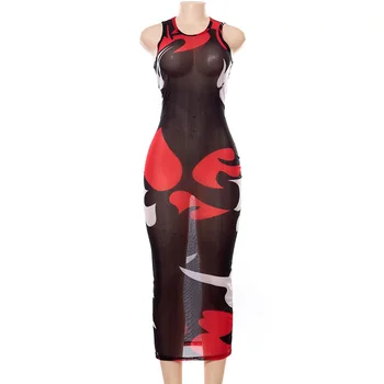 Malla Pura Impresión Bodycon Maxi Vestidos de Cumpleaños de Ropa para Mujer Verano sin Mangas de los Trajes Sexy Club de Noche Vestido de Fiesta
