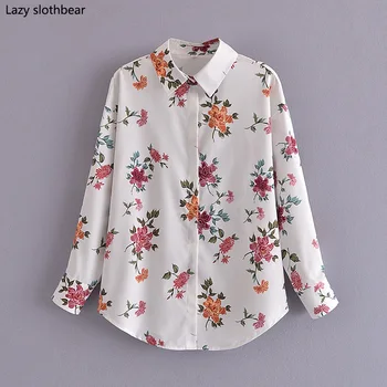 Venta caliente de las señoras de la impresión floral de la camisa de manga larga solapa de la blusa simple dulce blusa