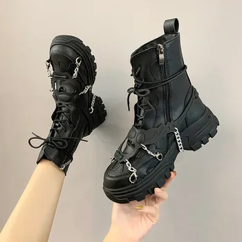 2021 Primavera De Cuero Para Mujer Botas De Tobillo De Mediados Talón Encajes Trabajador Ejército Negro Goth Zapatos Sexy De La Cadena De Alta Calidad De Botas De Moto