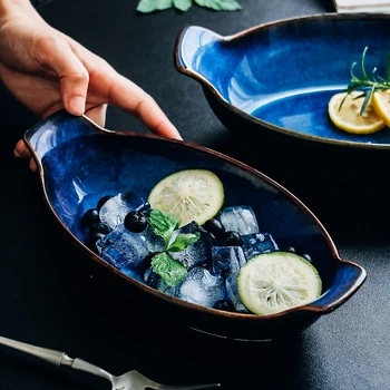 Nordic blue placa de cerámica Restaurante de mesa plato de ensalada hogar cerámica Binaural Plato de Postre de la decoración de la Vajilla