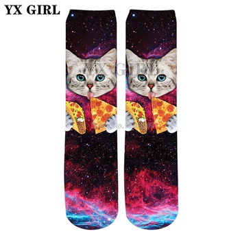 YX CHICA 2018 verano Nueva Moda de la Galaxia 3d calcetines DC Gato Comiendo Tacos Y Pizza de Impresión de los Hombres/de las Mujeres de la Calle casual Calcetín SC80