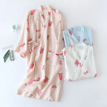 Primavera / Otoño Nuevo Japonés Kimono Batas de Manga Larga Algodón de Gasa de Crepé Albornoz Suelto y Suave de Melocotón de Impresión Housewear 2021