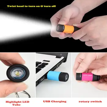 1PC Mini Llavero linterna de Bolsillo USB Recargable LED Linterna de Luz de la Lámpara Impermeable