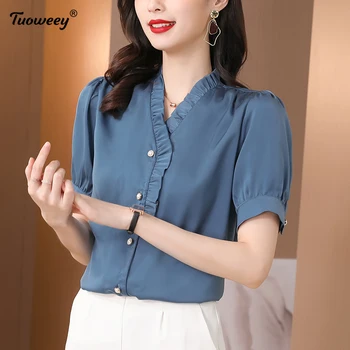 Más el Tamaño de la red v cuello de la Mujer Blusas camisas de Verano de estilo de Tops Nueva oficina OL Blusa camisa Suelta de Manga Corta Blusas