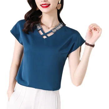 Las mujeres de la Camisa de Verano Blusas para Mujer de Manga Corta Sólido Camisetas de Ropa de Mujer 2021 Albaricoque V-cuello de la Mujer de Moda de Camisetas Básicas