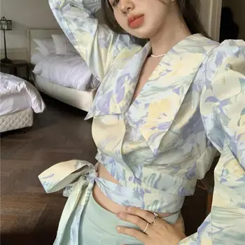Getspring Mujeres Mujeres Camisa Falda Conjuntos De Linterna Manga Vendaje Vintage Blusa Camisa Corto De Cintura Alta Falda Plisada 2021 Nuevo
