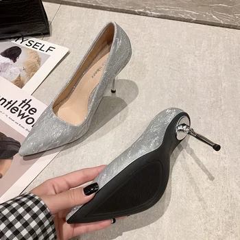 2021 de la Moda de Primavera de las Mujeres Zapatos de Mujer zapatos de Tacón Alto Punta del dedo del pie Bombas de Glitter Mujeres Sexy Novias Zapatos de la Boda de Plata de Oro Negro