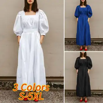 VONDA Vestido de Verano de las Mujeres pierden Sólido Elegante Cinturón Maxi Vestidos Casual Puff Manga Escote Cuadrado Vestidos Túnica