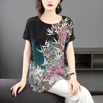 Retro suelto imitación de seda de las mujeres de manga corta de verano de la moda de impresión de temperamento occidental de estilo de la camisa de las mujeres