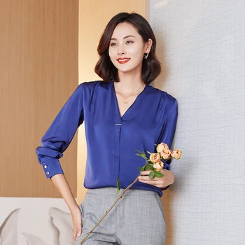 2020 Otoño Nueva Suelta de la Moda de Manga Larga V-cuello coreano Blusa de Satén de las Mujeres Blusa de Mujer en tallas Tops Camisa Blusas Mujer 10853