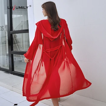 Lusumily Vintage Kimono Larga Chaqueta De Las Mujeres De Moda De Verano Rojo Ropa De Playa Sudadera Con Capucha De Más El Tamaño De La Gasa De La Blusa Camisa De Mujer Tops