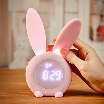 Dibujos animados LED Digital Reloj de Alarma Electrónica de la Pantalla LED del Control de Sonido de Conejo Noche Lámpara de Mesa Recargable del Reloj
