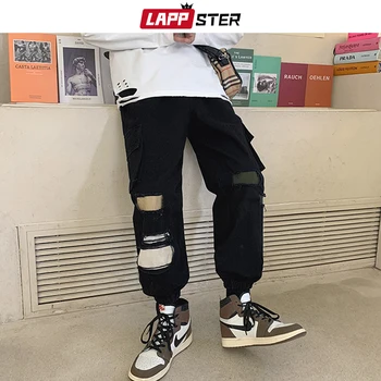 LAPPSTER Hombres Harajuku Streetwear Pantalones de Carga 2021 Mens Agujero Bolsillos Corredores Masculinos de corea Moda Vintage Negro Holgados pantalones de Chándal