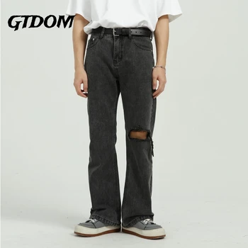 GTDOM los Hombres de la Primavera de Estilo coreano de color Gris Oscuro Jeans Sueltos Recta Pantalones 2021 Nueva Mosca de Botón Bolsillos Agujero Mediados de Cintura Jeans Casual